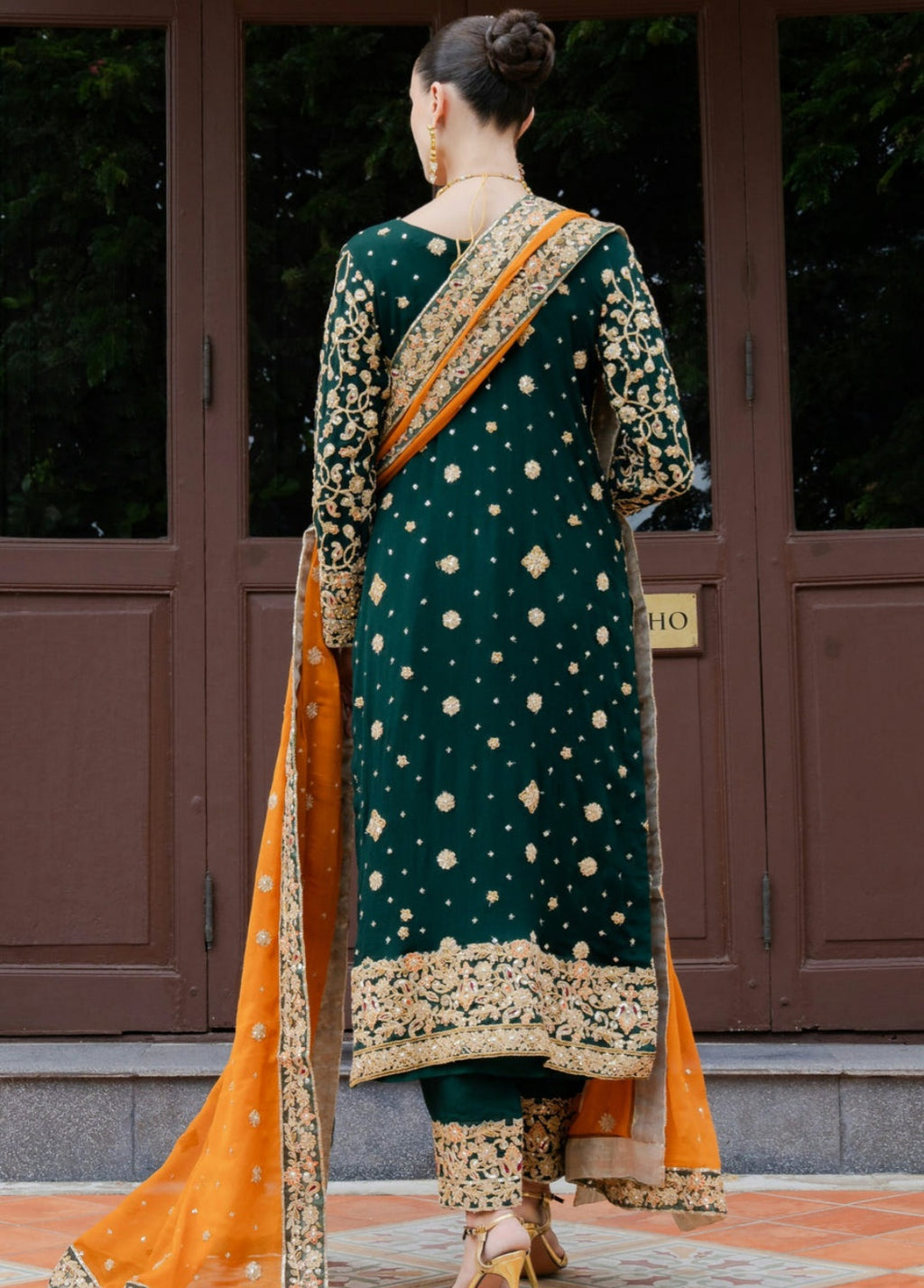 Bottle Green Embroidered Kurta Set with Chiffon Dupatta