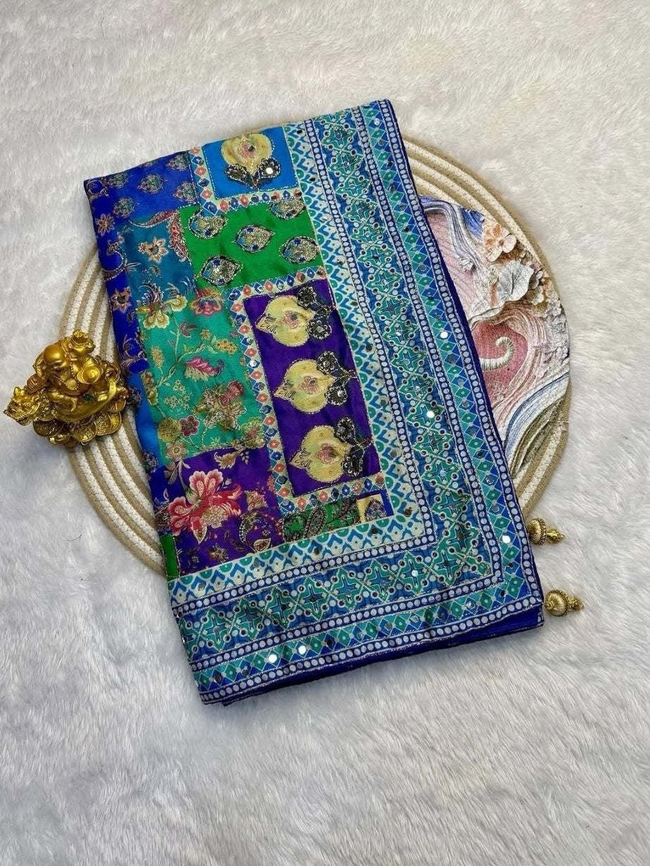 Designer Chinon Silk Saree (Blue Purple)