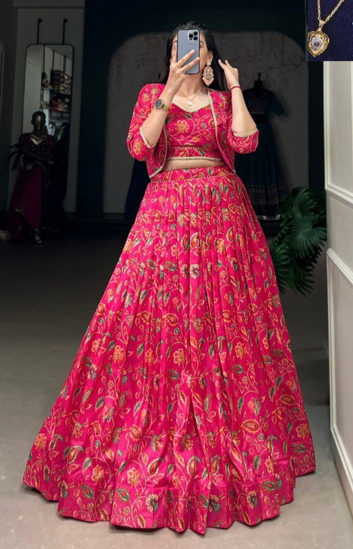 Tussar Silk Floral Print Lehenga Set with Koti