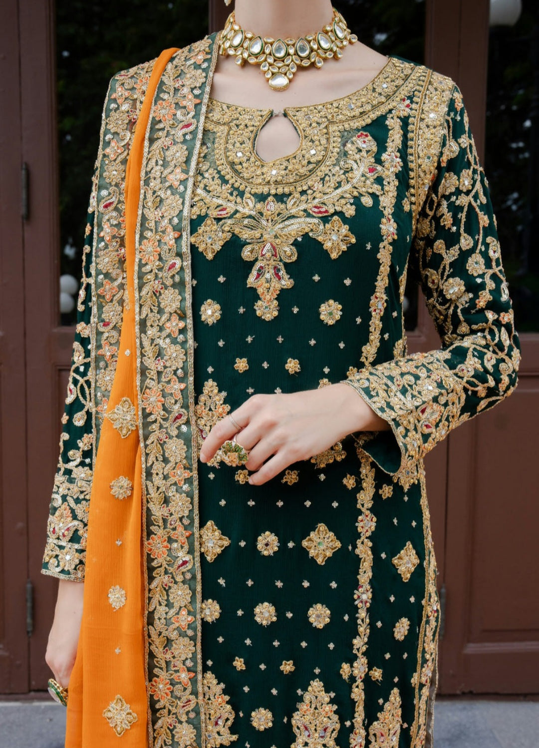 Bottle Green Embroidered Kurta Set with Chiffon Dupatta
