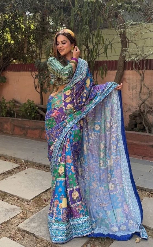 Designer Chinon Silk Saree (Blue Purple)