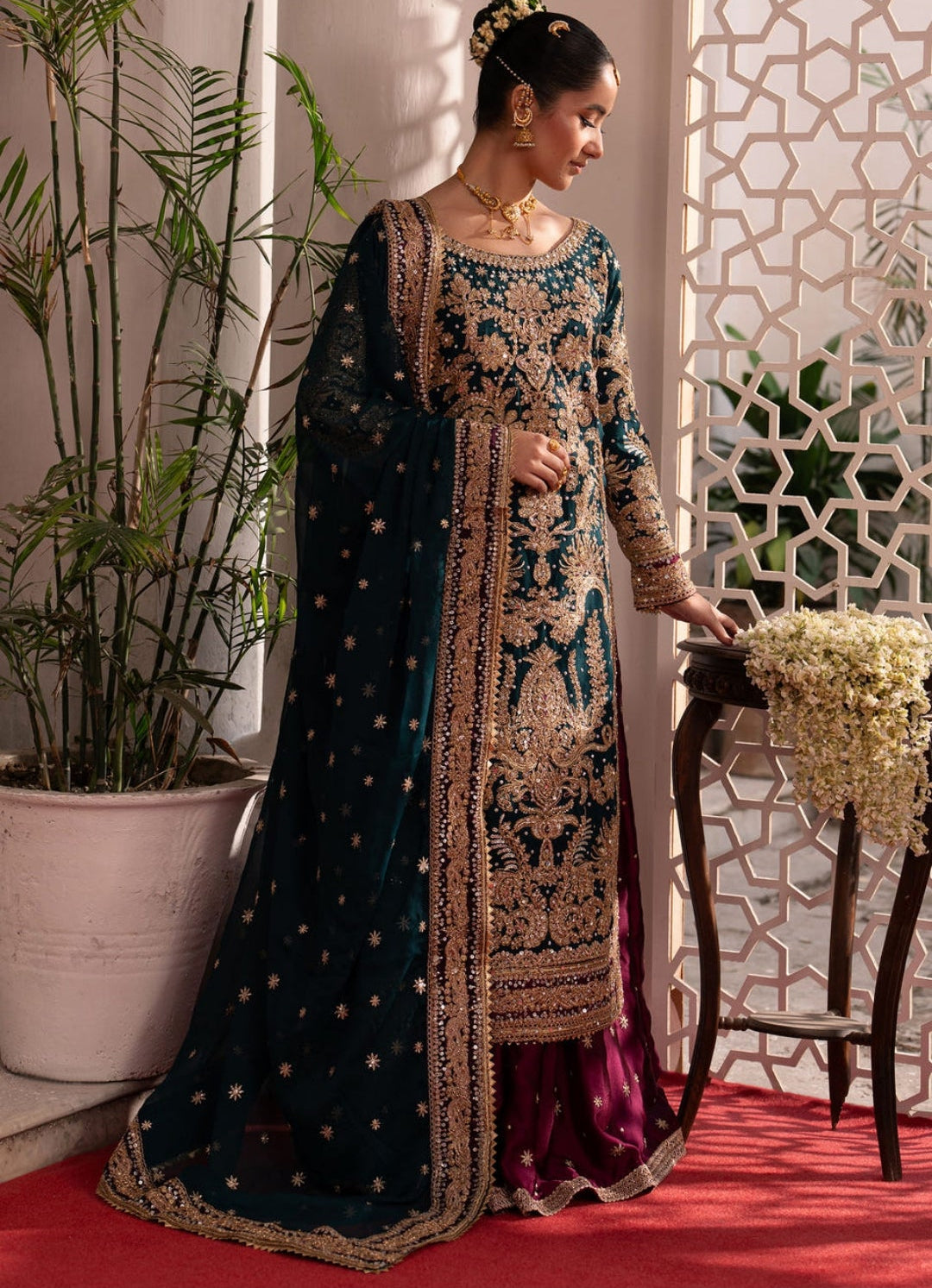 Bottle Green Wedding Wear Lehenga Set with Potli