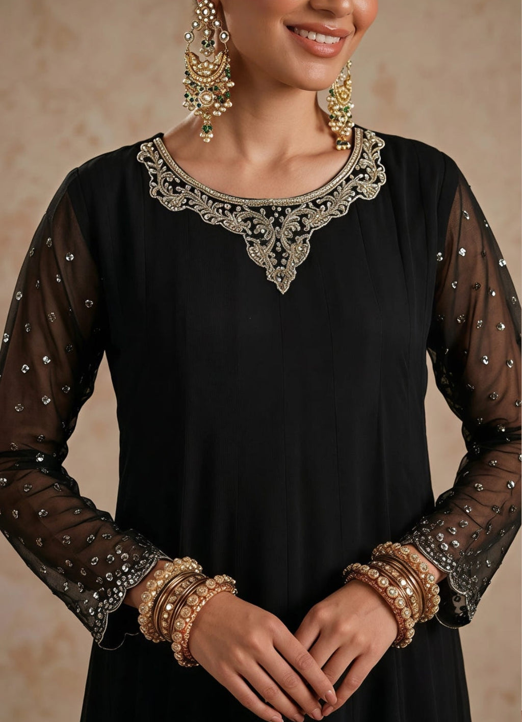 Black Embellished Chiffon Flared Pishwas – 3 Piece Set