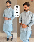 Ice Blue Embroidered Koti Kurta Pant Set
