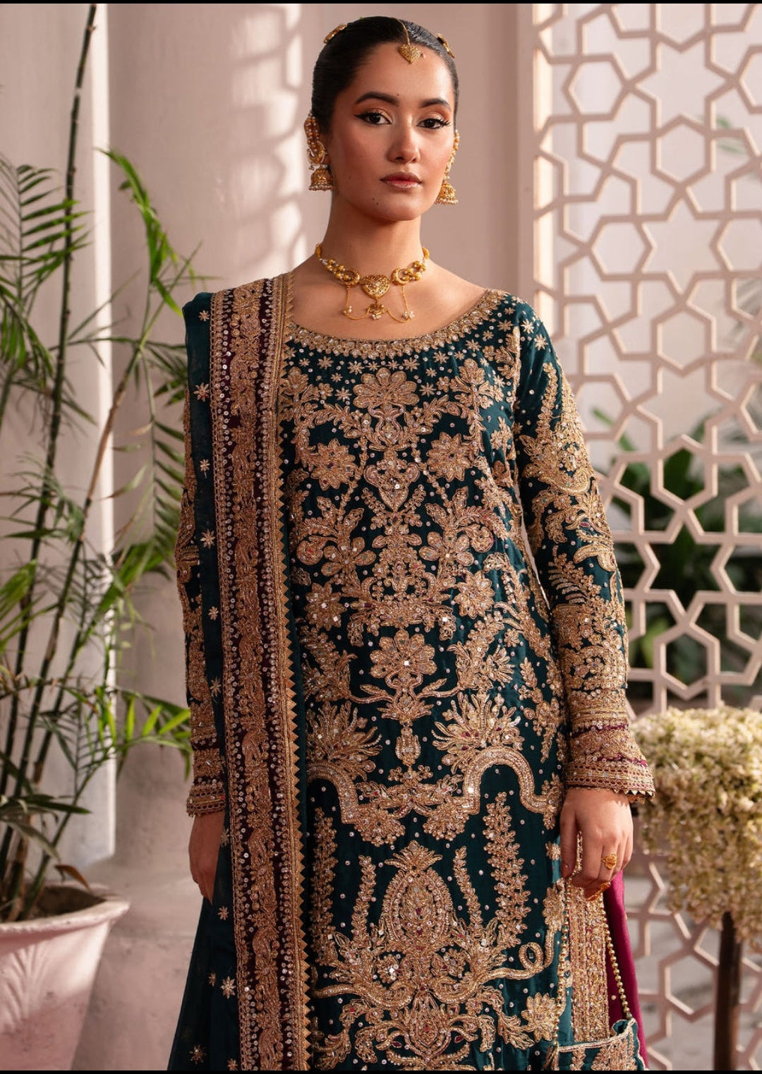 Bottle Green Wedding Wear Lehenga Set with Potli
