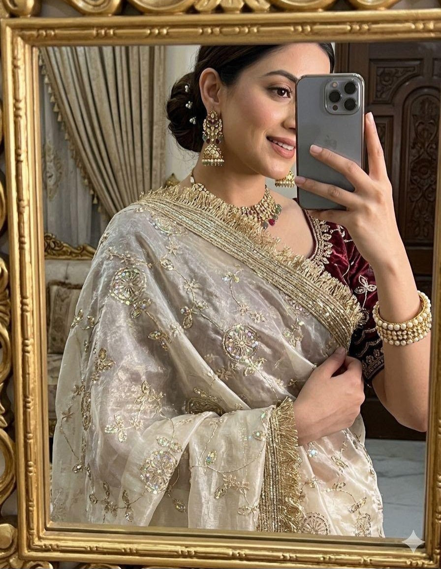 Premium Space Satin Multi-Sequin Saree