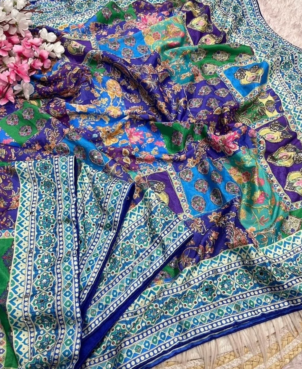 Designer Chinon Silk Saree (Blue Purple)