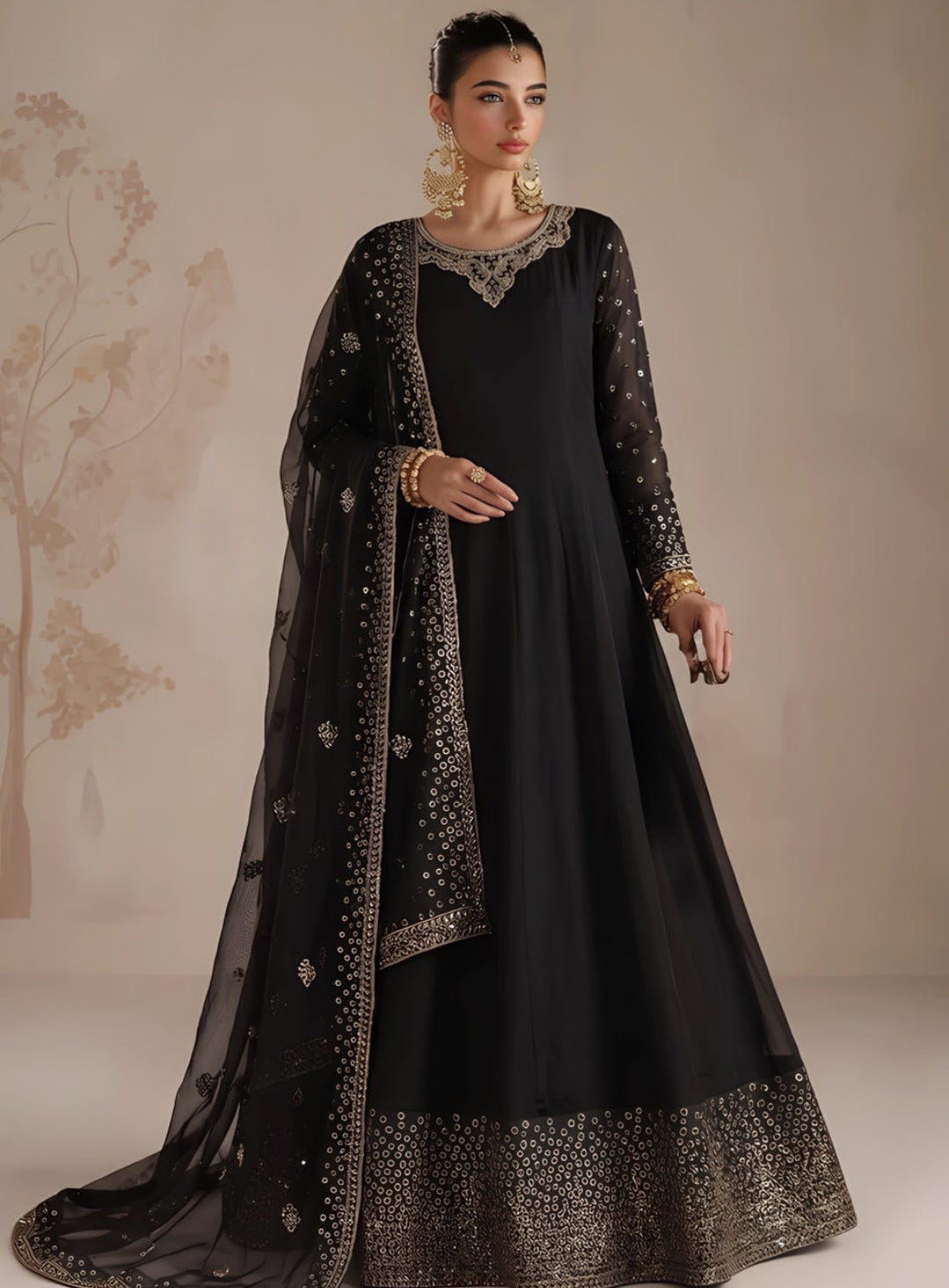 Black Embellished Chiffon Flared Pishwas – 3 Piece Set