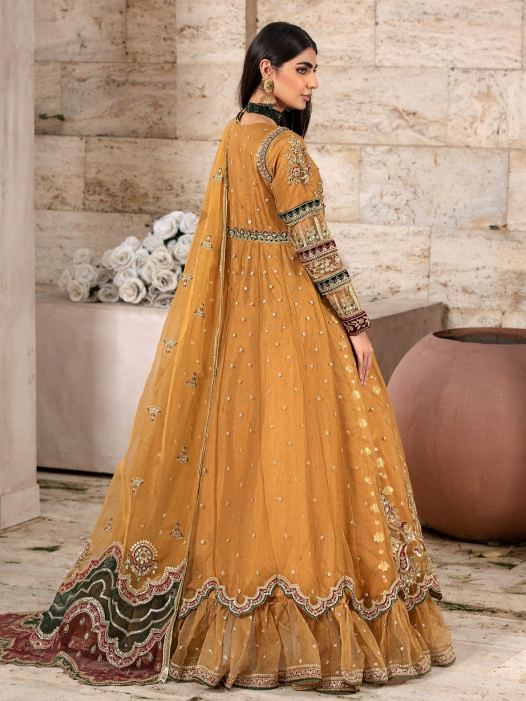 Golden Embroidered Flared Maxi Suit Set