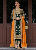 Bottle Green Embroidered Kurta Set with Chiffon Dupatta
