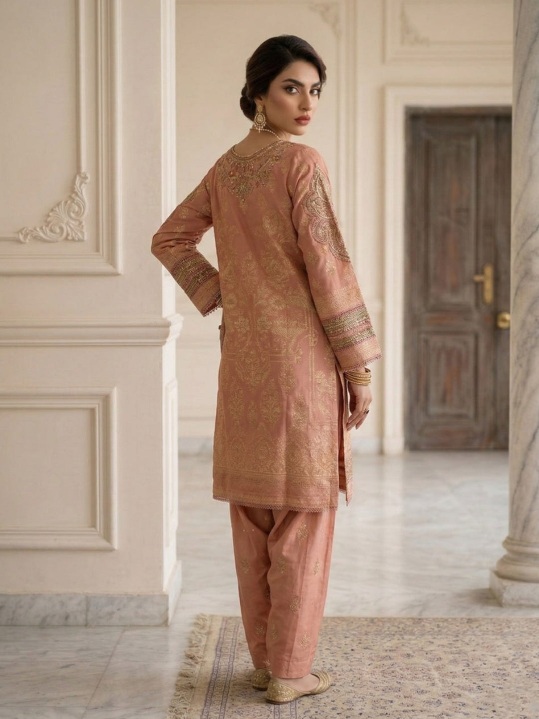 Elegant Peach Pink Embroidered Suit Set