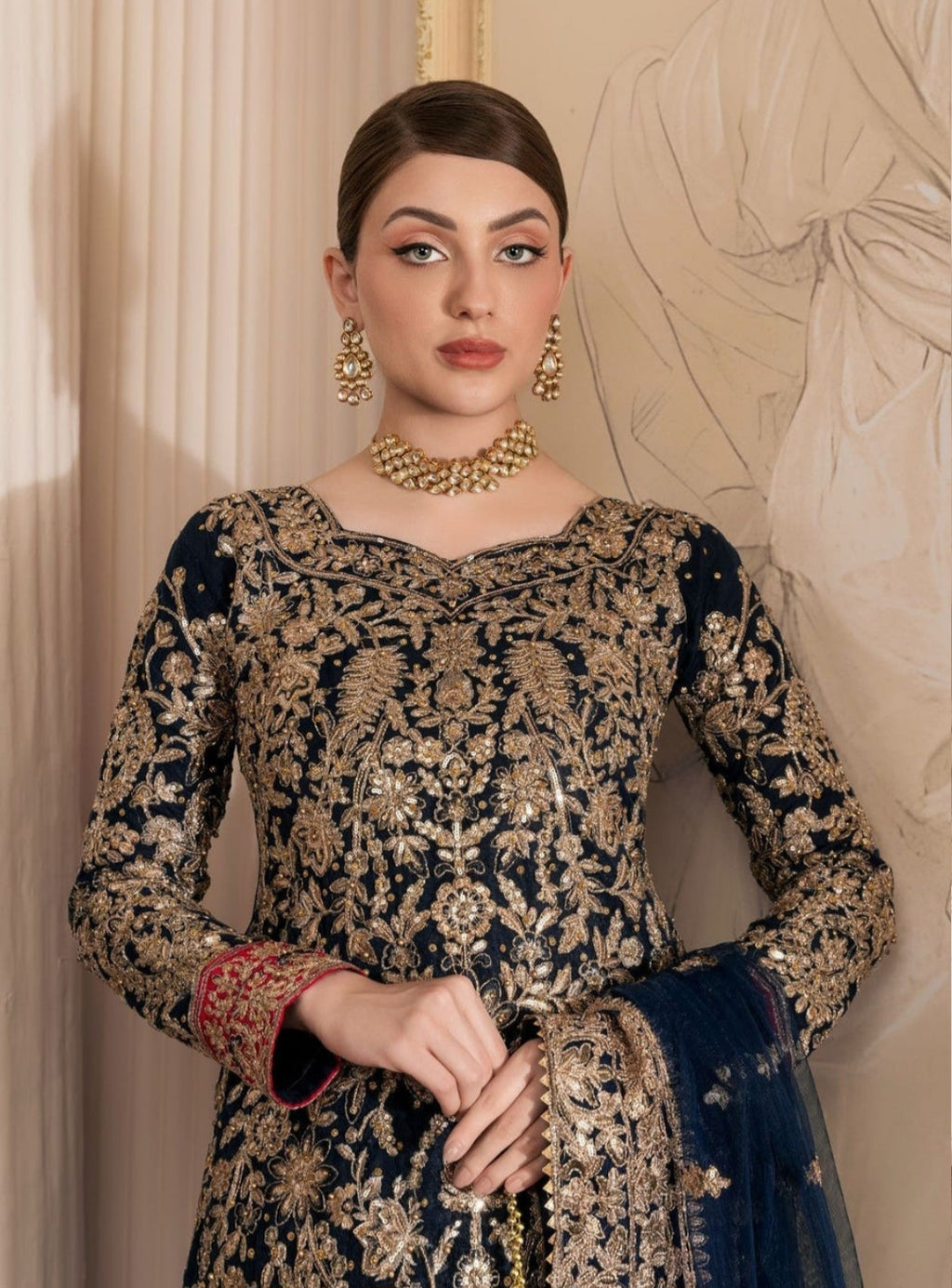 Navy Blue Embroidered Net Kurta Set with Dupatta