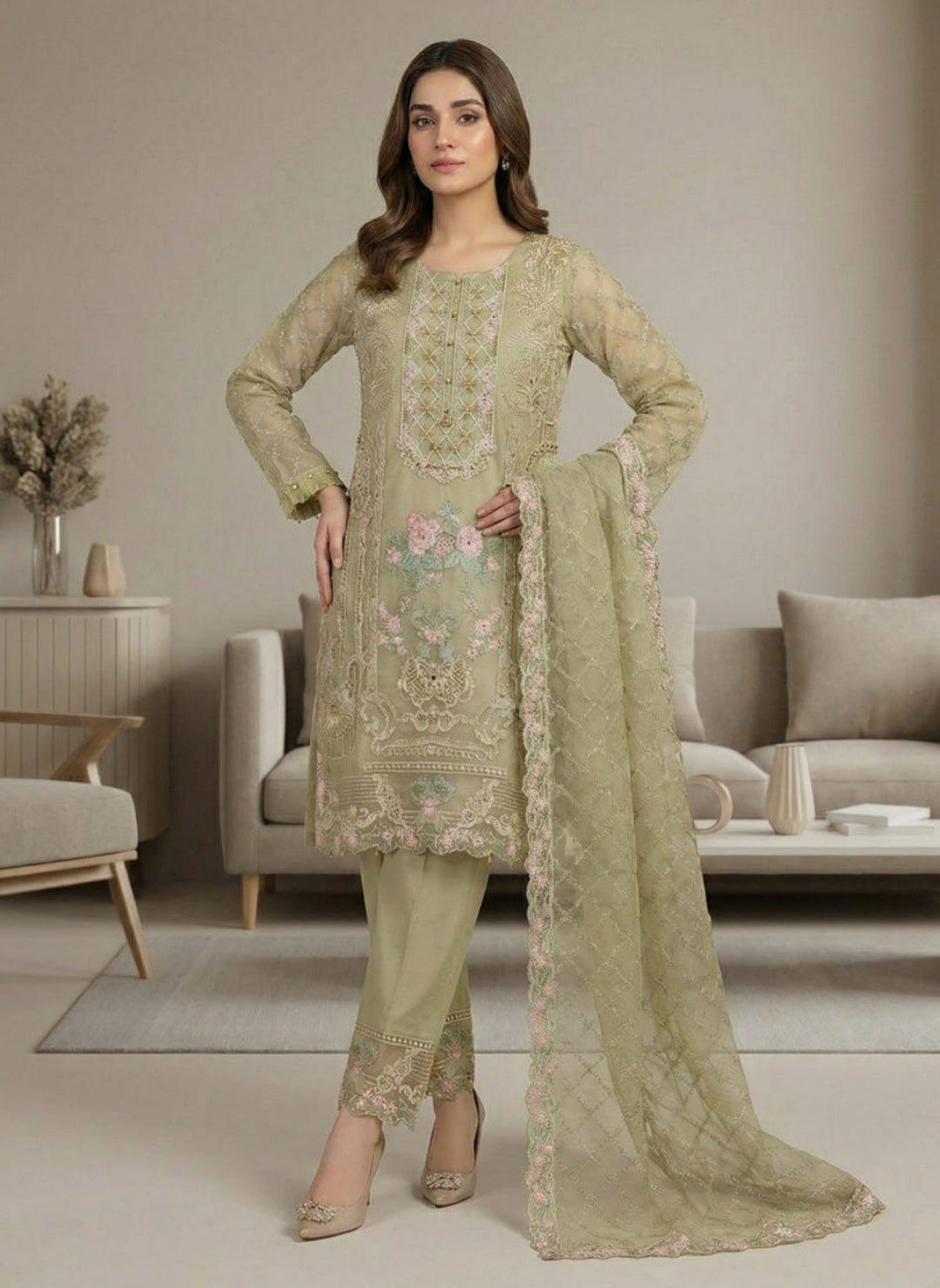 Elegant Pistachio Green Embroidered Suit Set