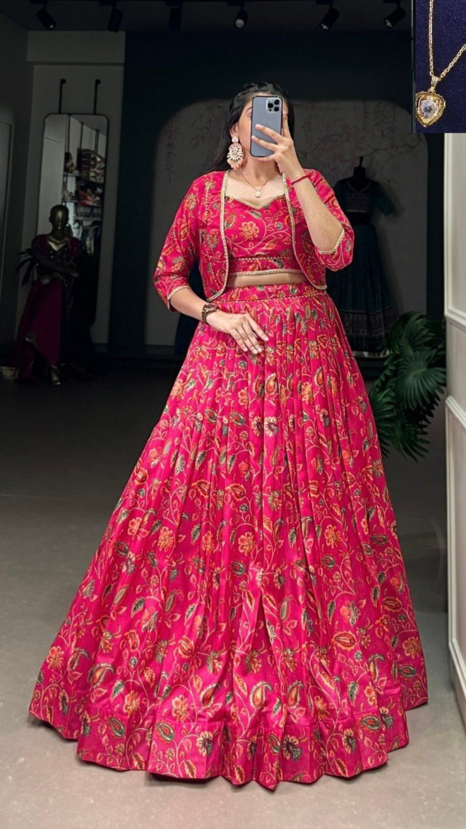 Tussar Silk Floral Print Lehenga Set with Koti