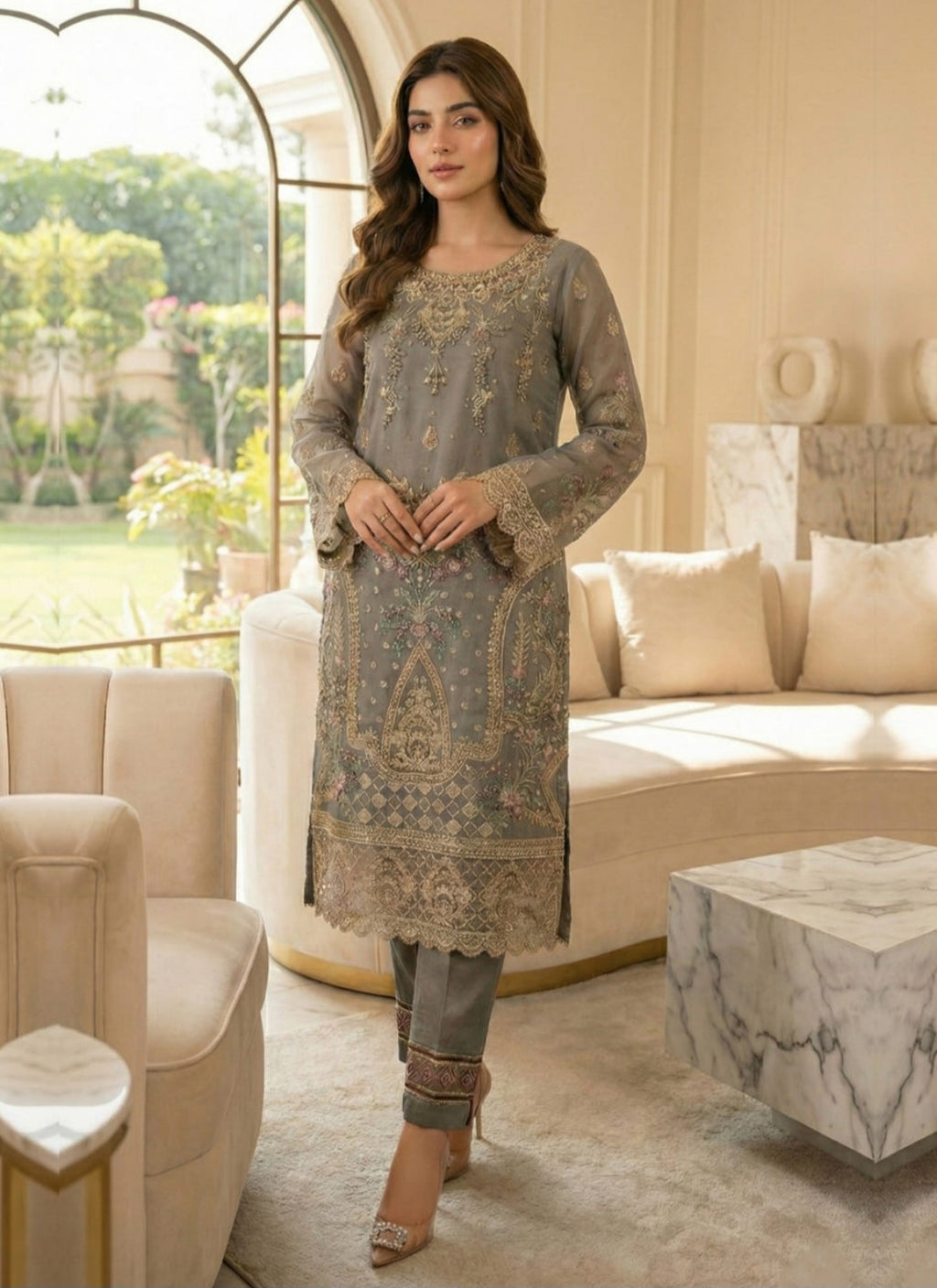 Elegant Grey Embroidered Kurta Set – Festive & Party Wear
