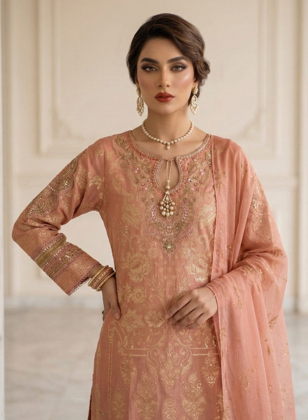 Elegant Peach Pink Embroidered Suit Set