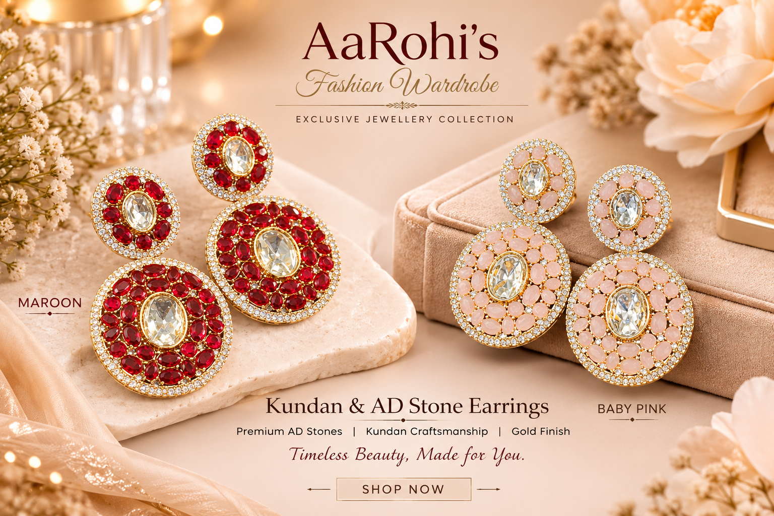 Premium Kundan Stone Earrings – Maroon & Baby Pink
