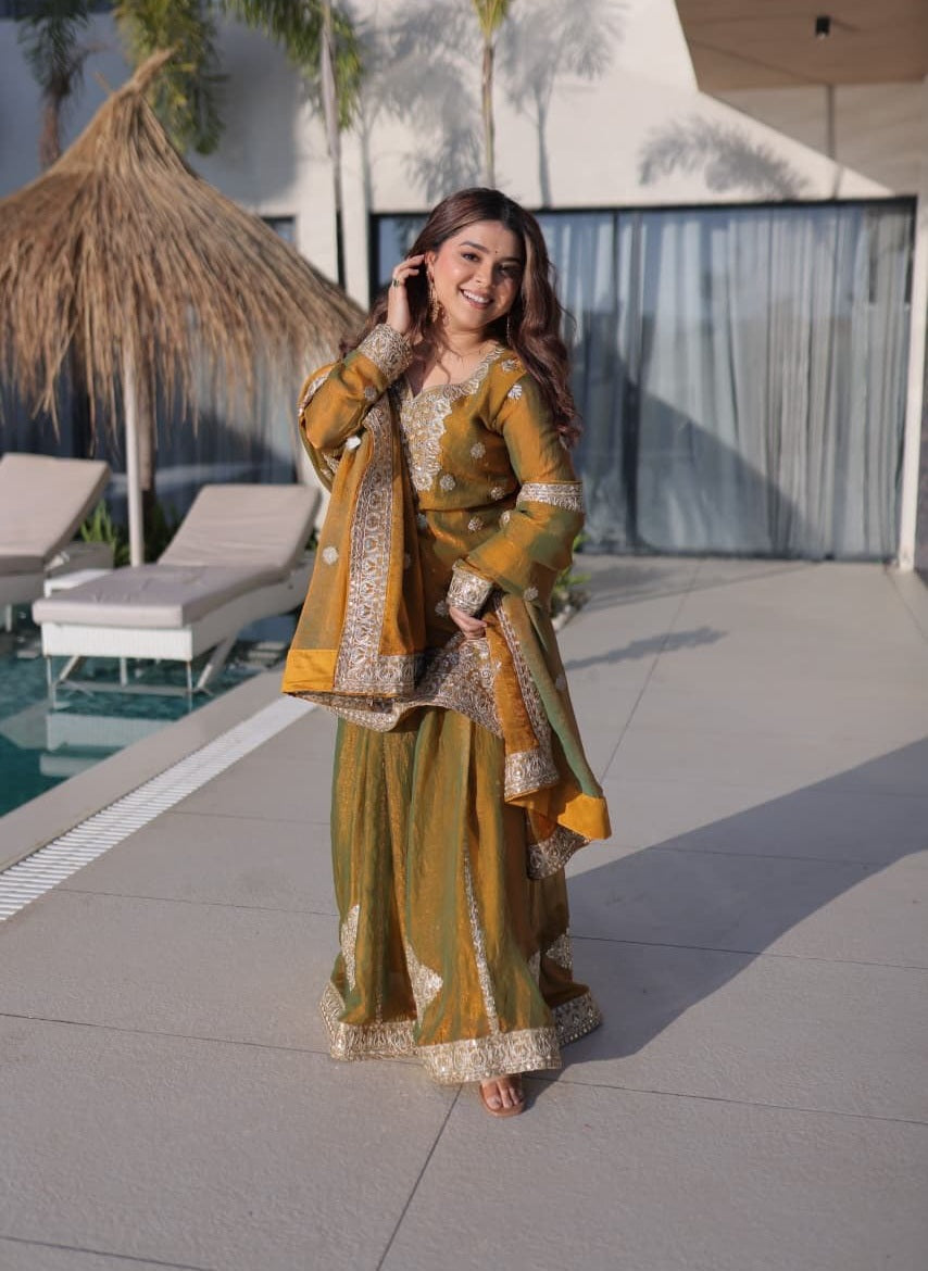 Premium Fendi Chiffon Embroidered Sharara Set