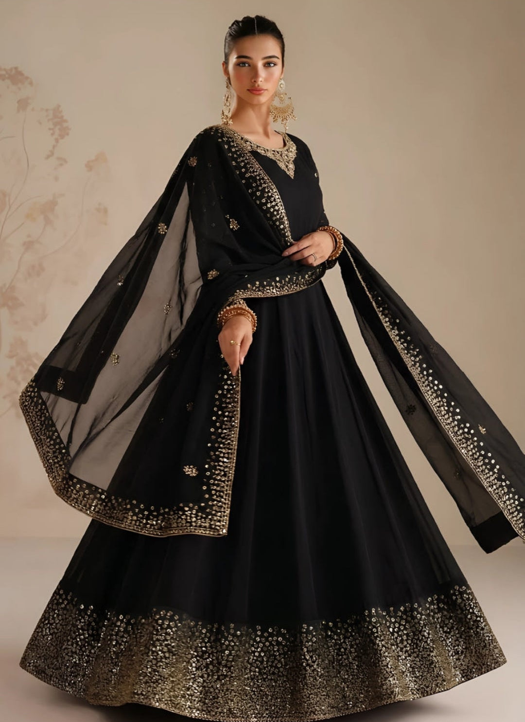 Black Embellished Chiffon Flared Pishwas – 3 Piece Set
