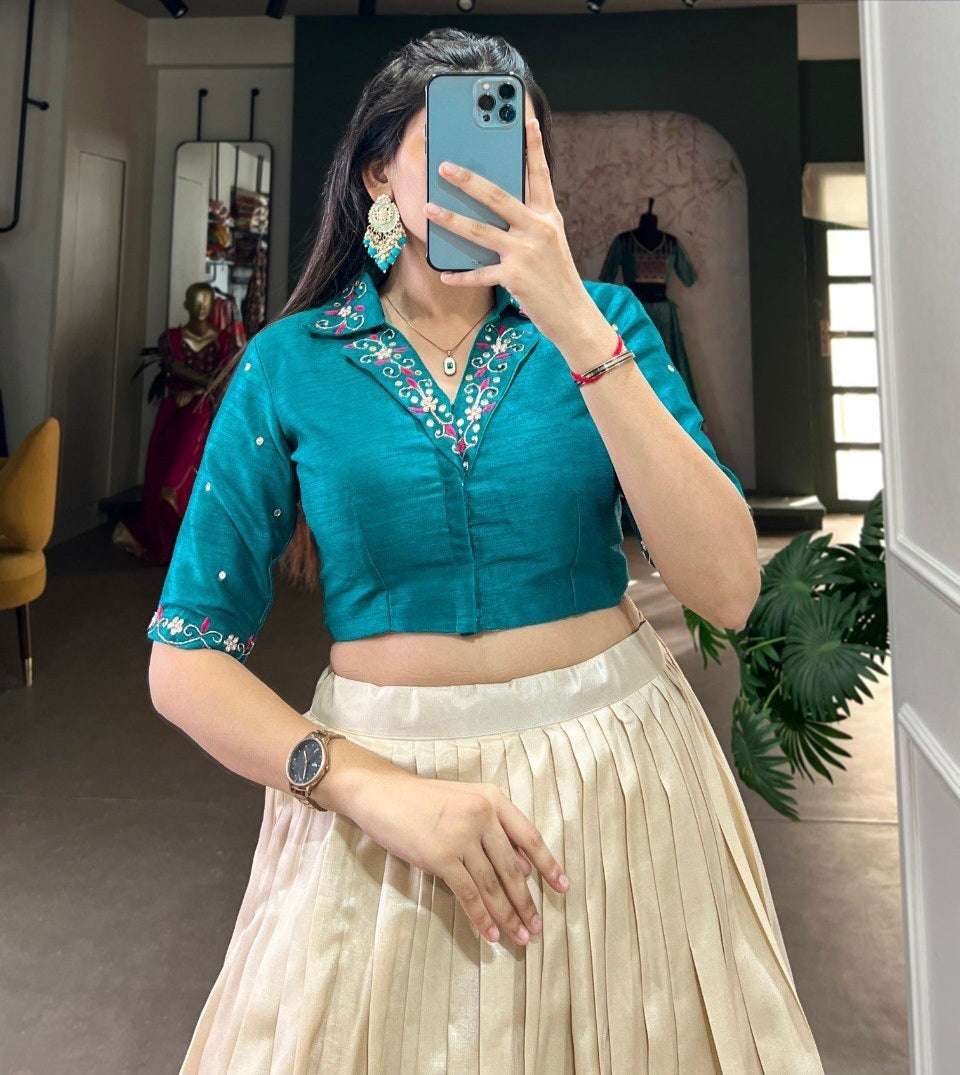 Tussar Silk Floral Lehenga with Mirror Work Blouse