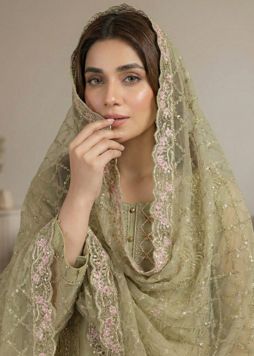 Elegant Pistachio Green Embroidered Suit Set