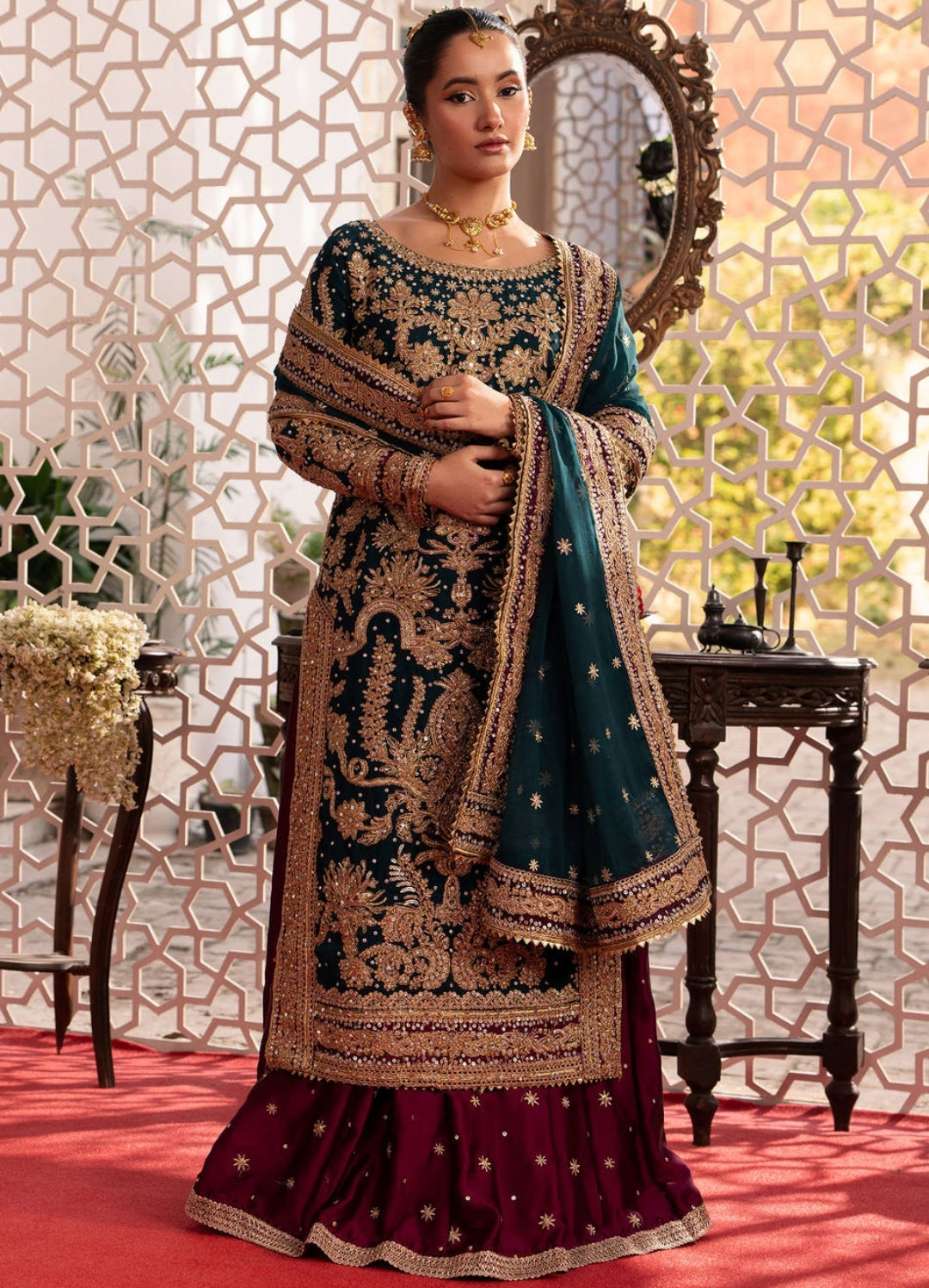 Bottle Green Wedding Wear Lehenga Set with Potli
