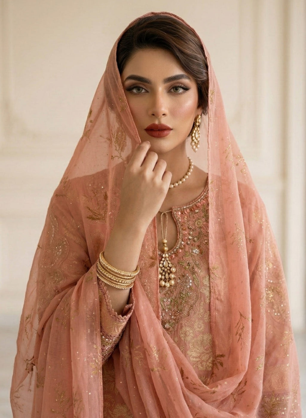 Elegant Peach Pink Embroidered Suit Set