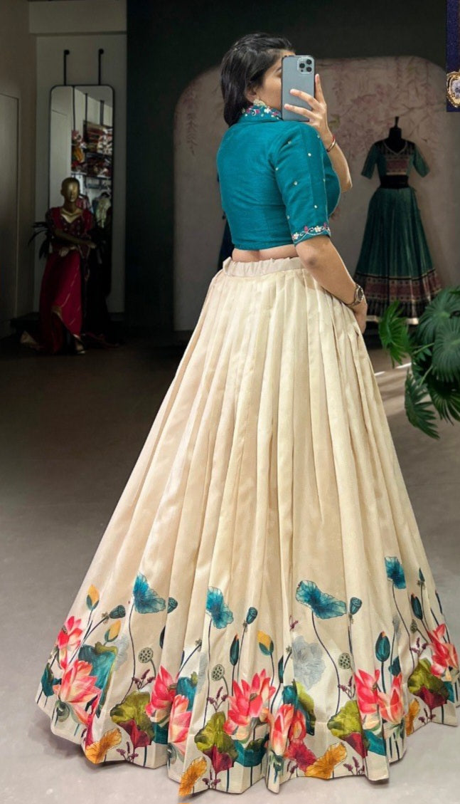 Tussar Silk Floral Lehenga with Mirror Work Blouse