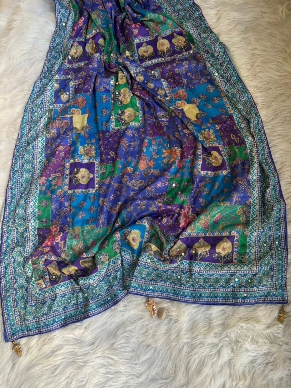 Designer Chinon Silk Saree (Blue Purple)