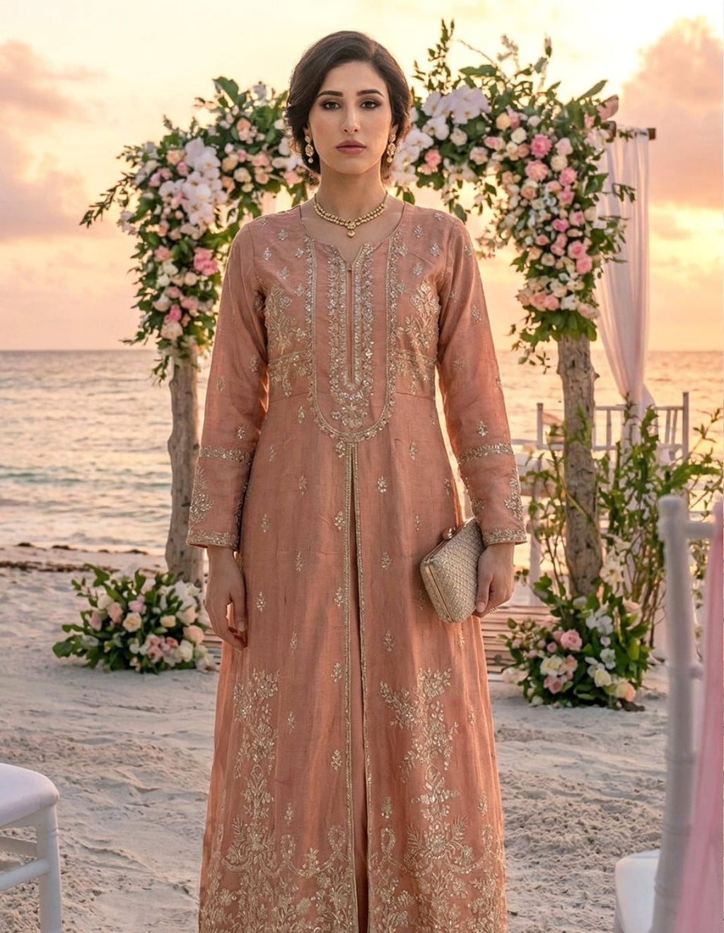 Peach Pink Embroidered Suit Set
