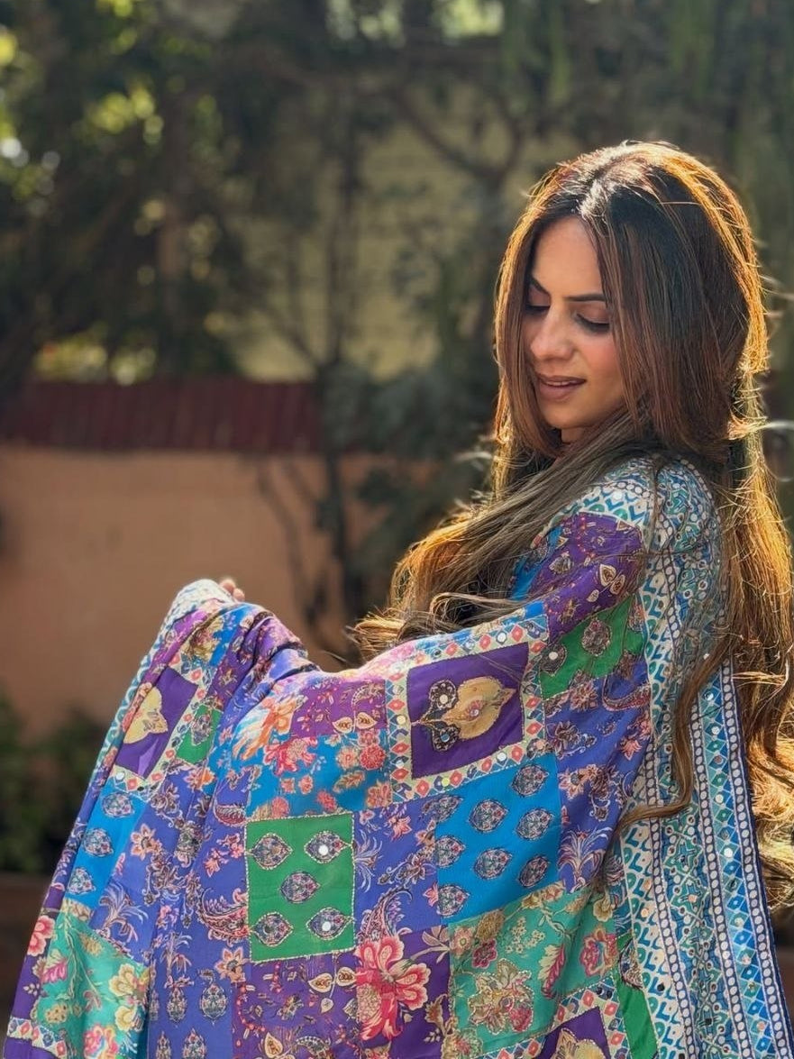 Designer Chinon Silk Saree (Blue Purple)