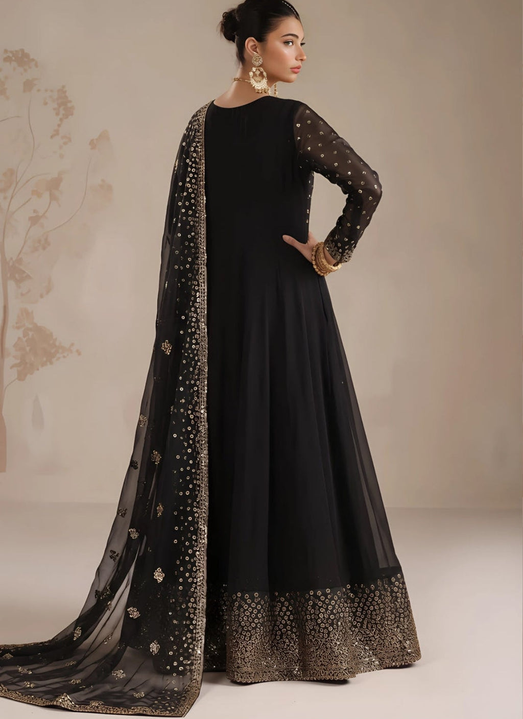 Black Embellished Chiffon Flared Pishwas – 3 Piece Set