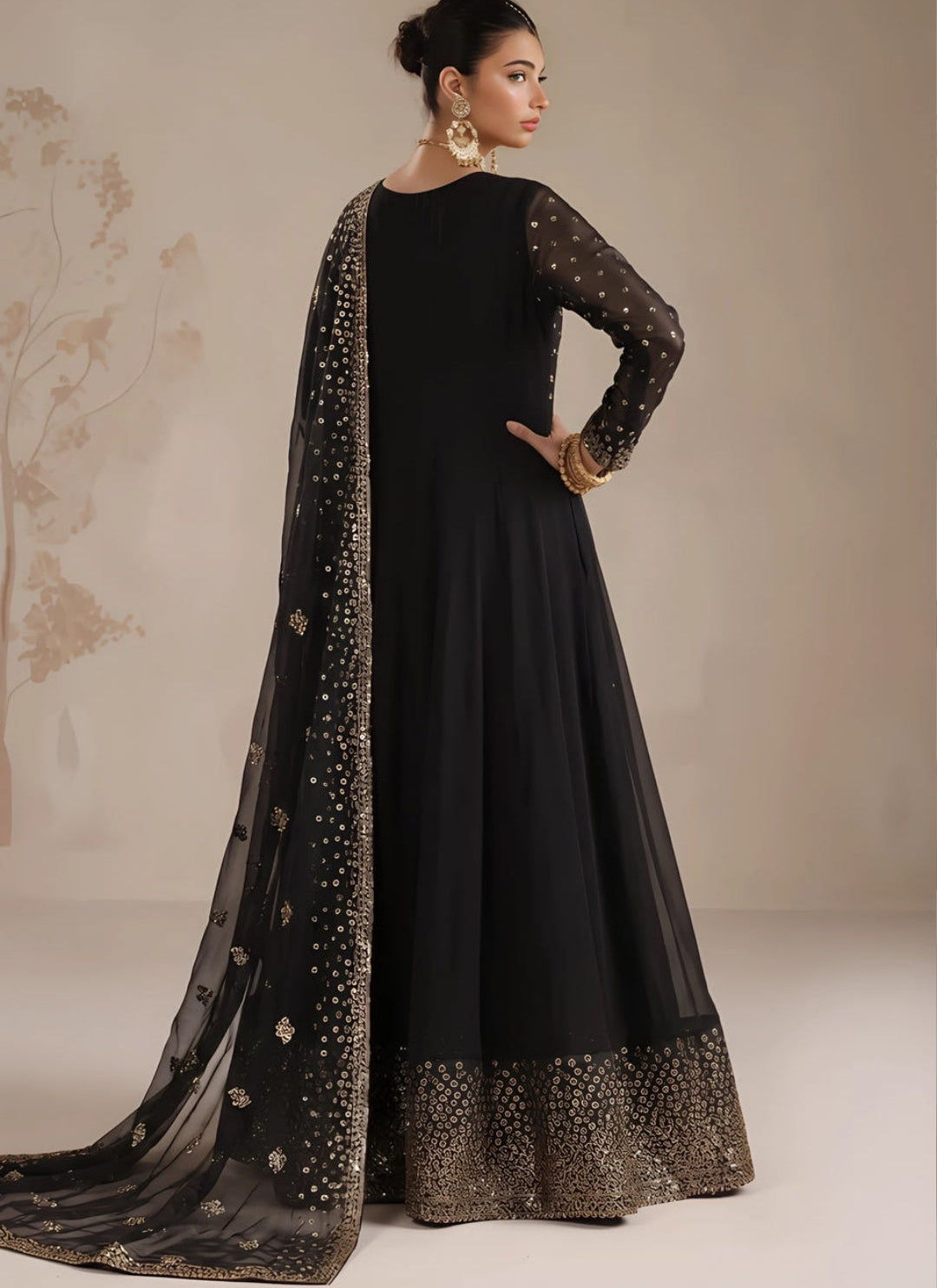 Black Embellished Chiffon Flared Pishwas – 3 Piece Set