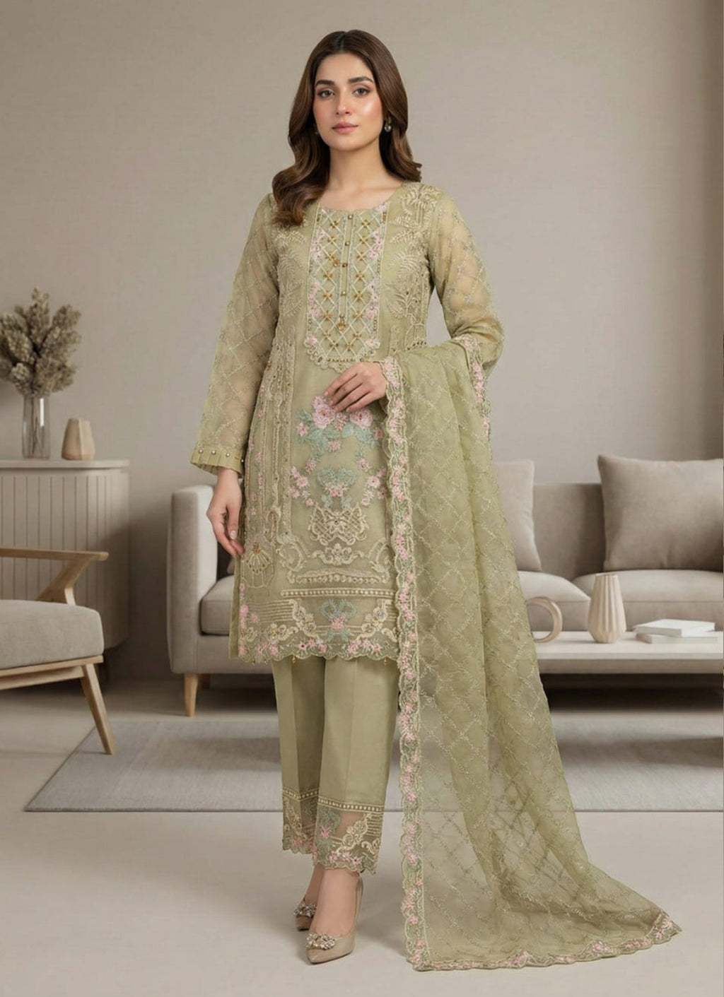 Elegant Pistachio Green Embroidered Suit Set