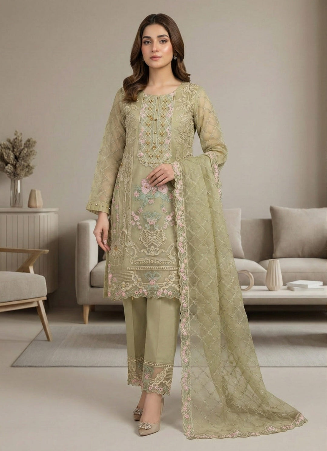 Elegant Pistachio Green Embroidered Suit Set