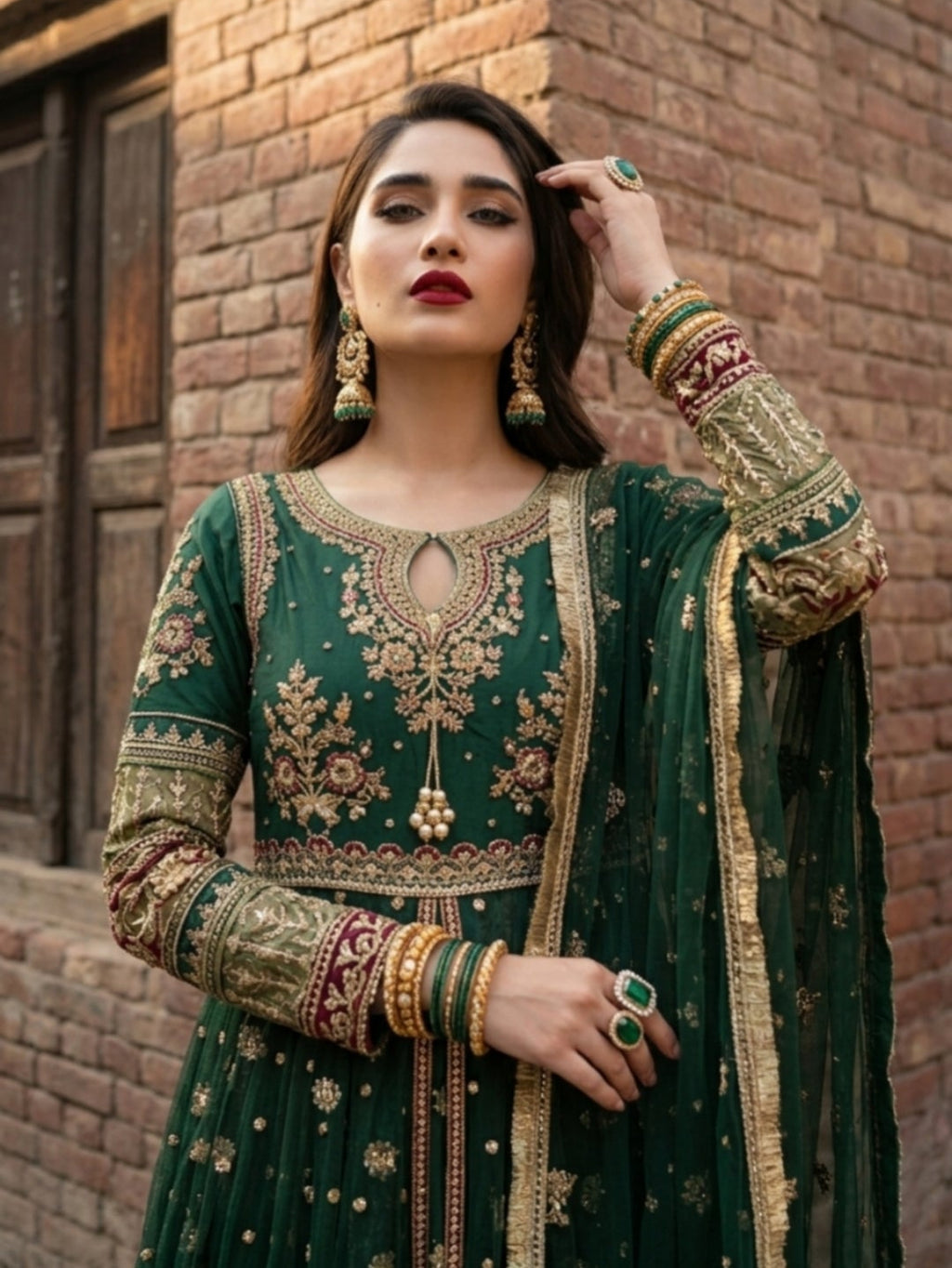 Green Embroidered Flared Maxi Suit Set