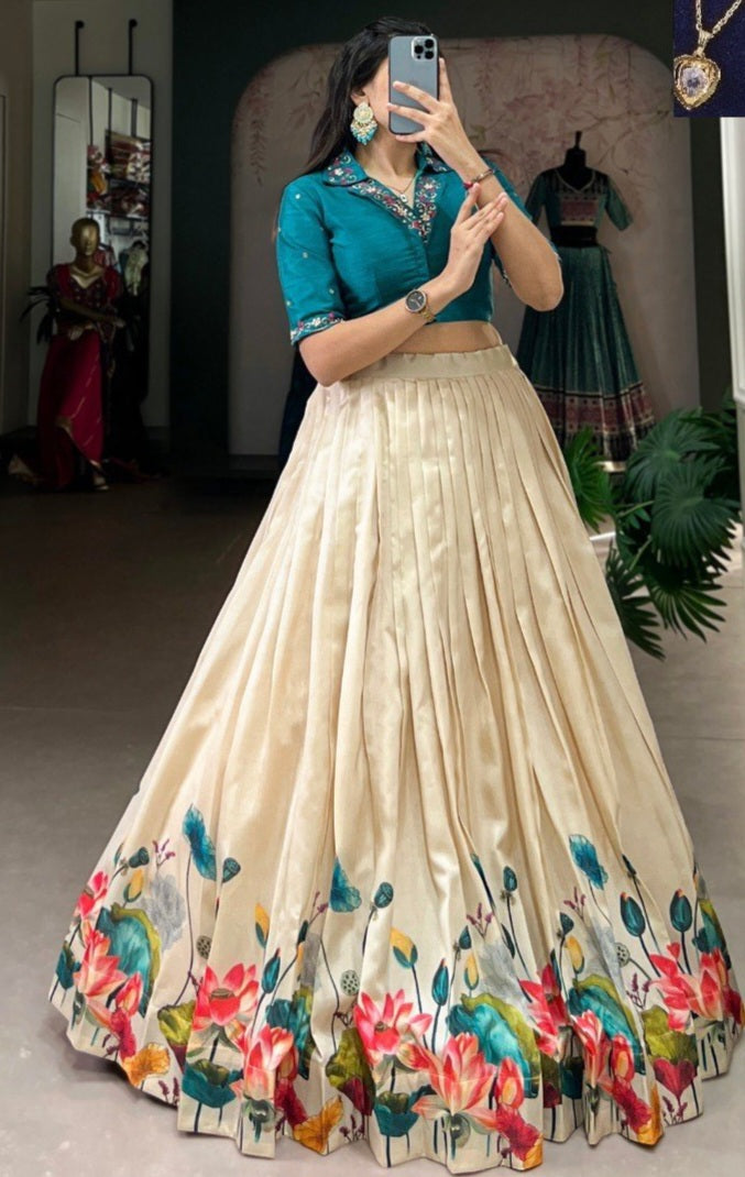 Tussar Silk Floral Lehenga with Mirror Work Blouse