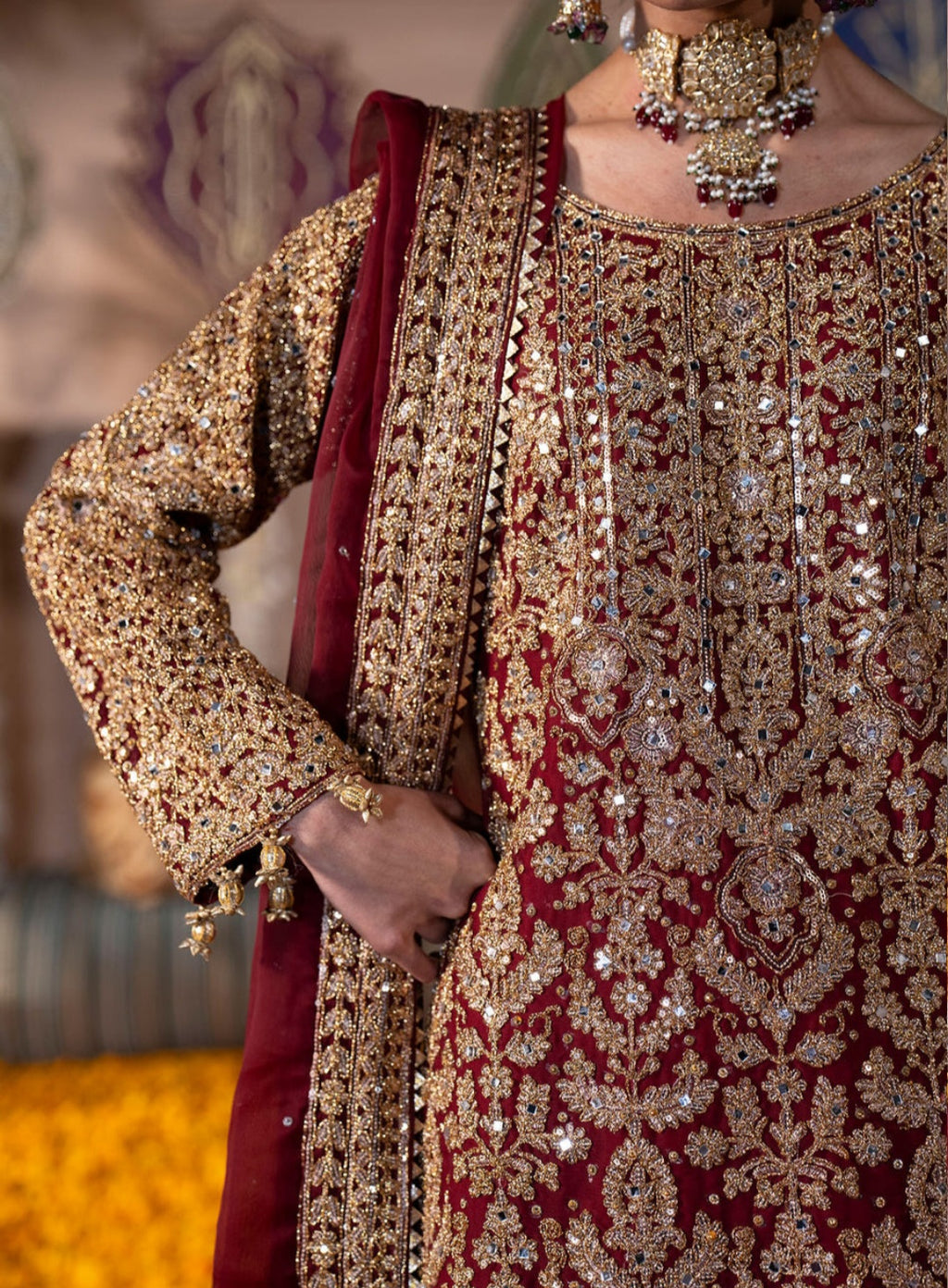 Roshanara - Maroon Chiffon Straight Cut Lehenga Set with Dupatta