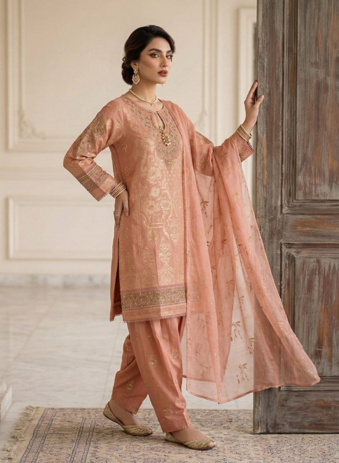 Elegant Peach Pink Embroidered Suit Set