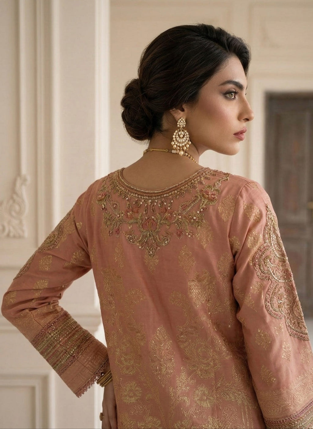 Elegant Peach Pink Embroidered Suit Set