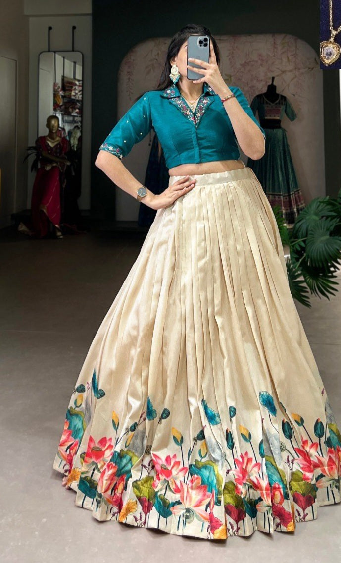 Tussar Silk Floral Lehenga with Mirror Work Blouse