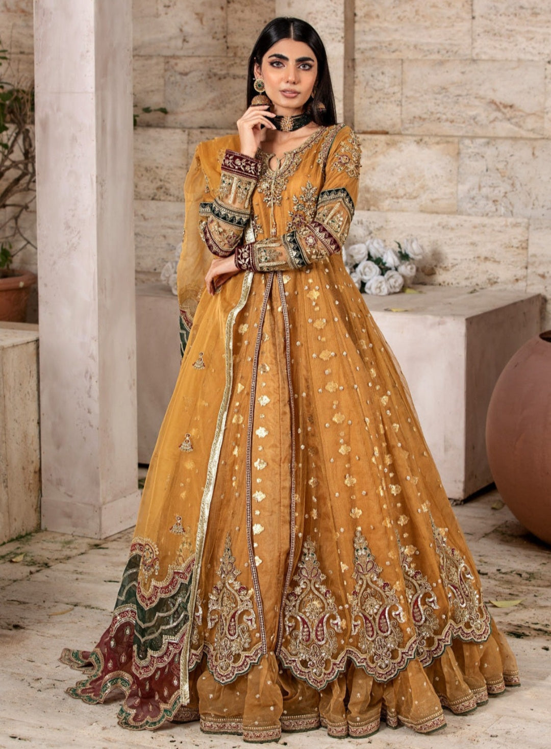 Golden Embroidered Flared Maxi Suit Set