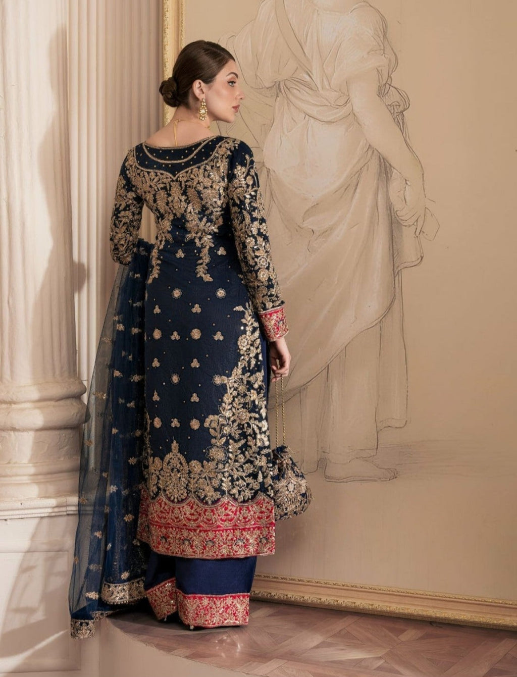 Navy Blue Embroidered Net Kurta Set with Dupatta