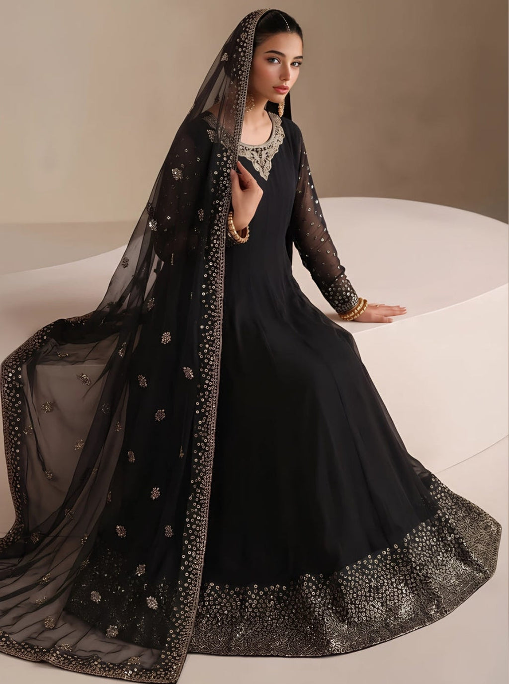 Black Embellished Chiffon Flared Pishwas – 3 Piece Set