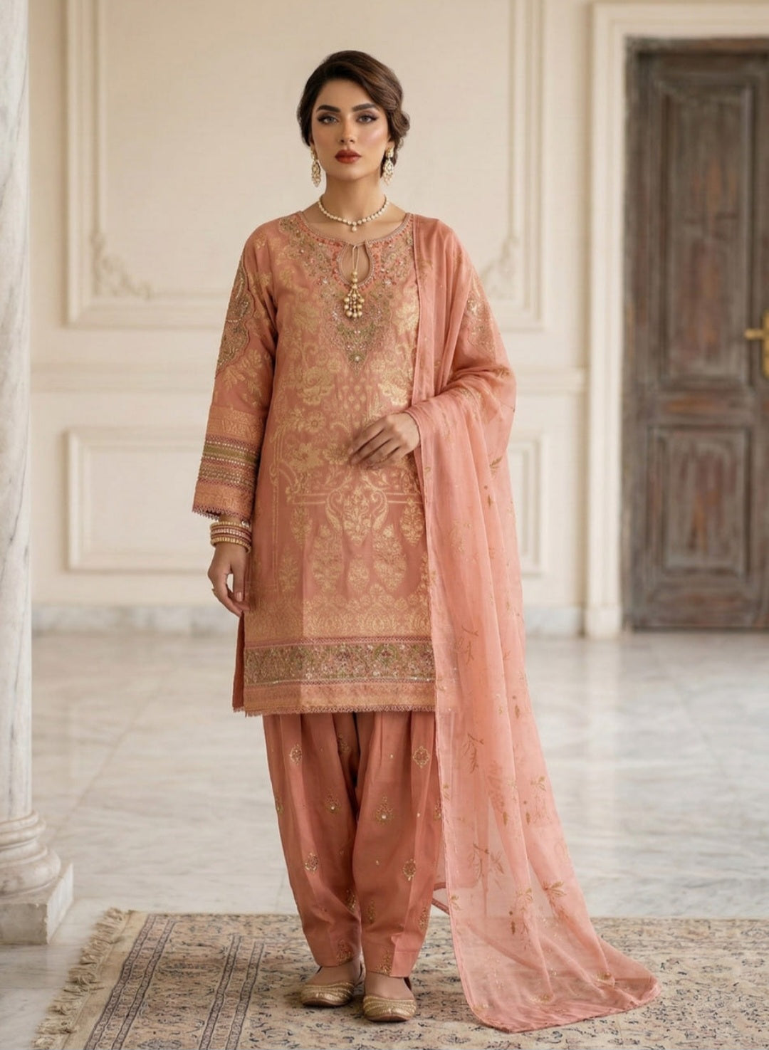 Elegant Peach Pink Embroidered Suit Set