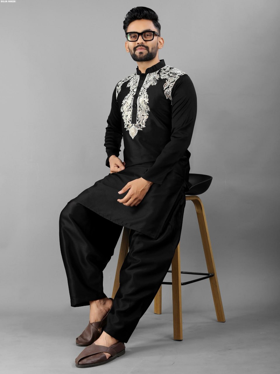 Embroidered Pathani Kurta with Shalwar Set
