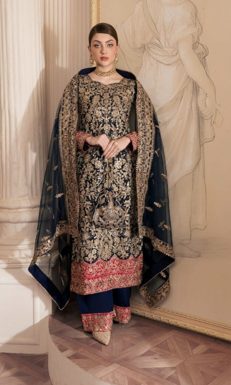 Navy Blue Embroidered Net Kurta Set with Dupatta