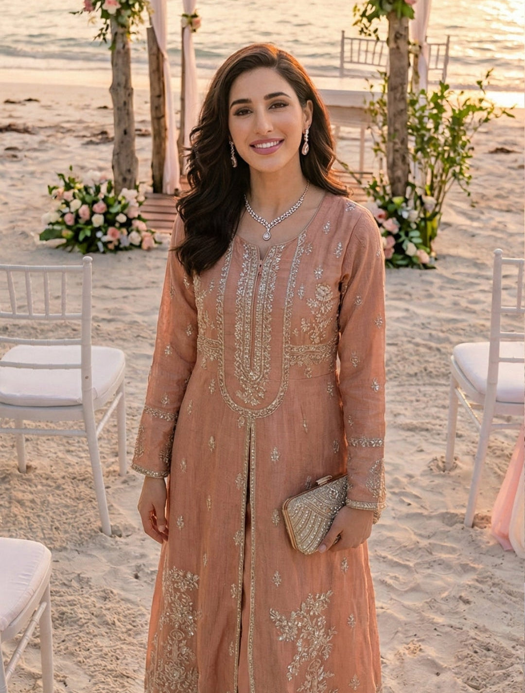 Peach Pink Embroidered Suit Set