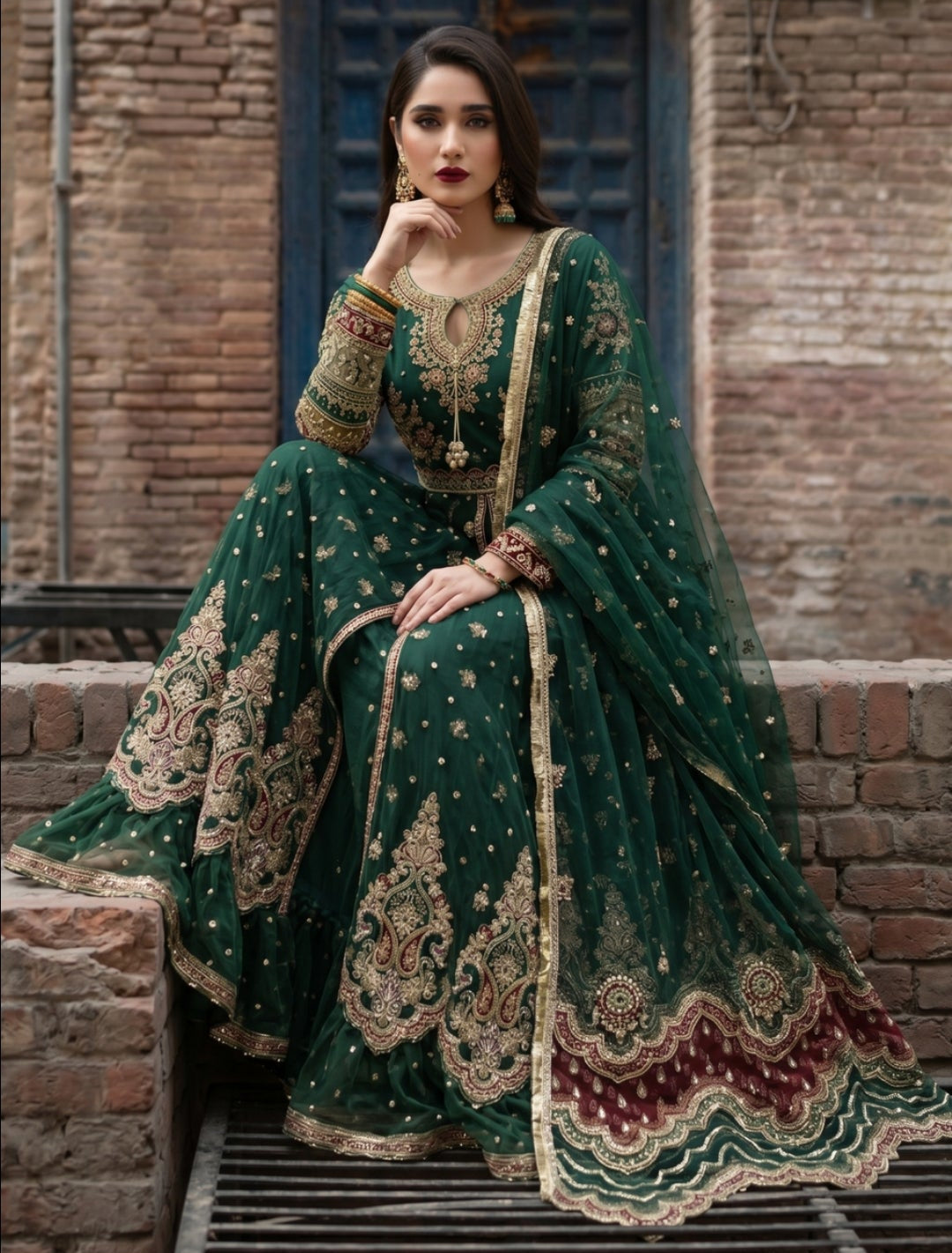 Green Embroidered Flared Maxi Suit Set