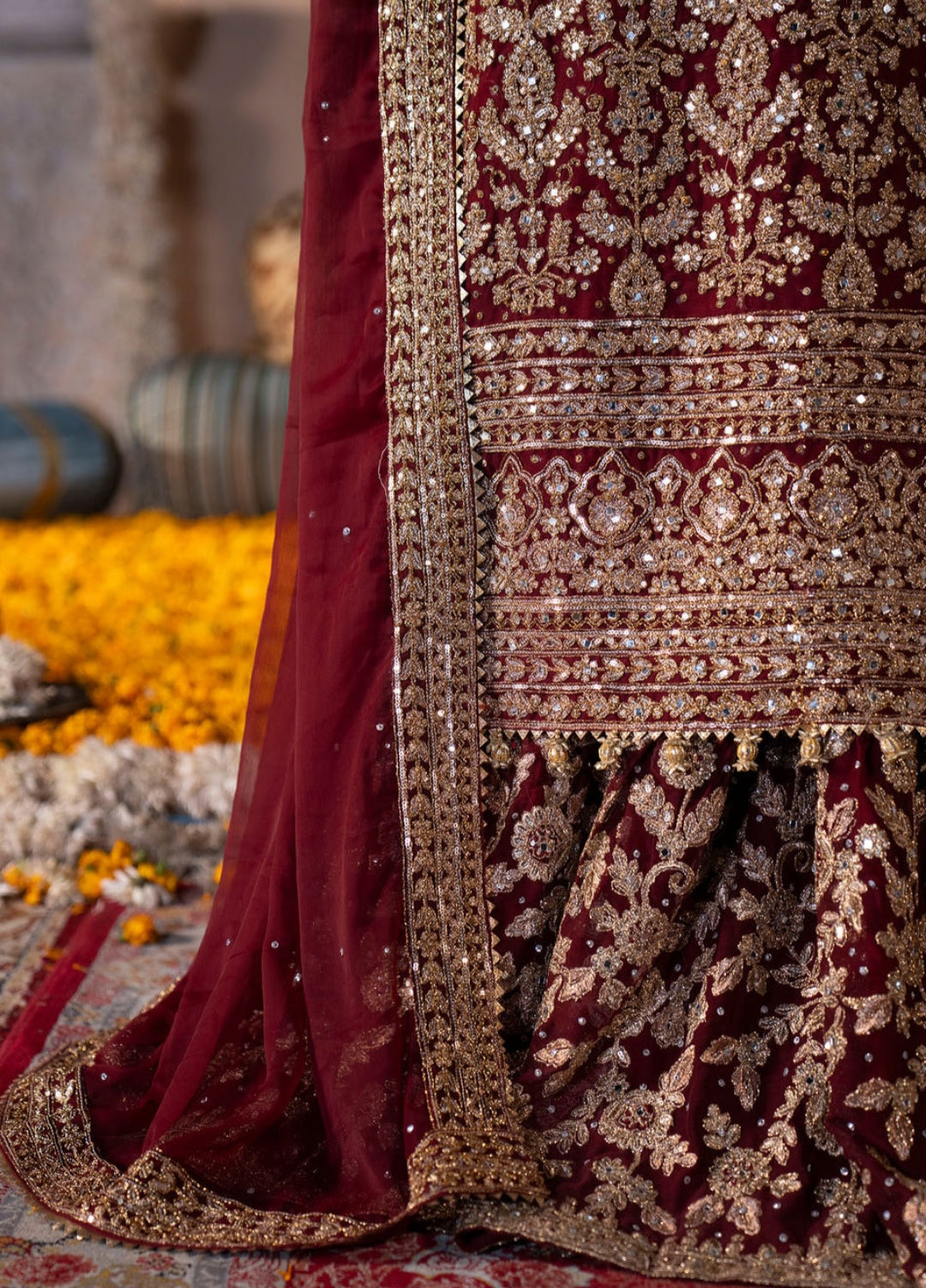 Roshanara - Maroon Chiffon Straight Cut Lehenga Set with Dupatta